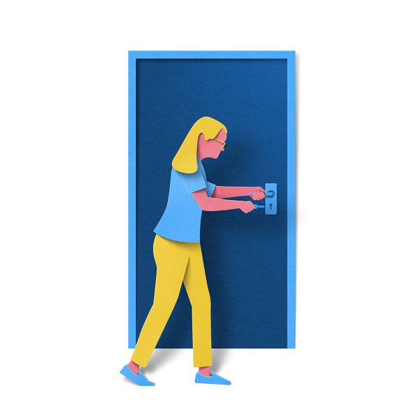 Woman unlocking door