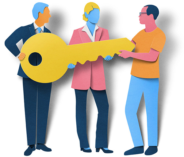 Illustration of brokers handing over a key