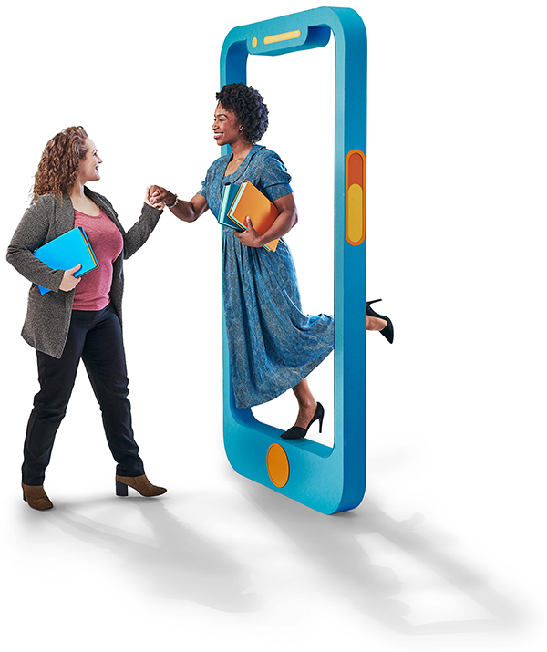 lady standing in giant phone