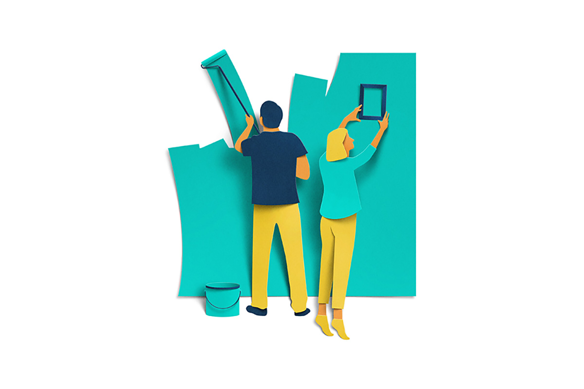Illustration of a couple decorating