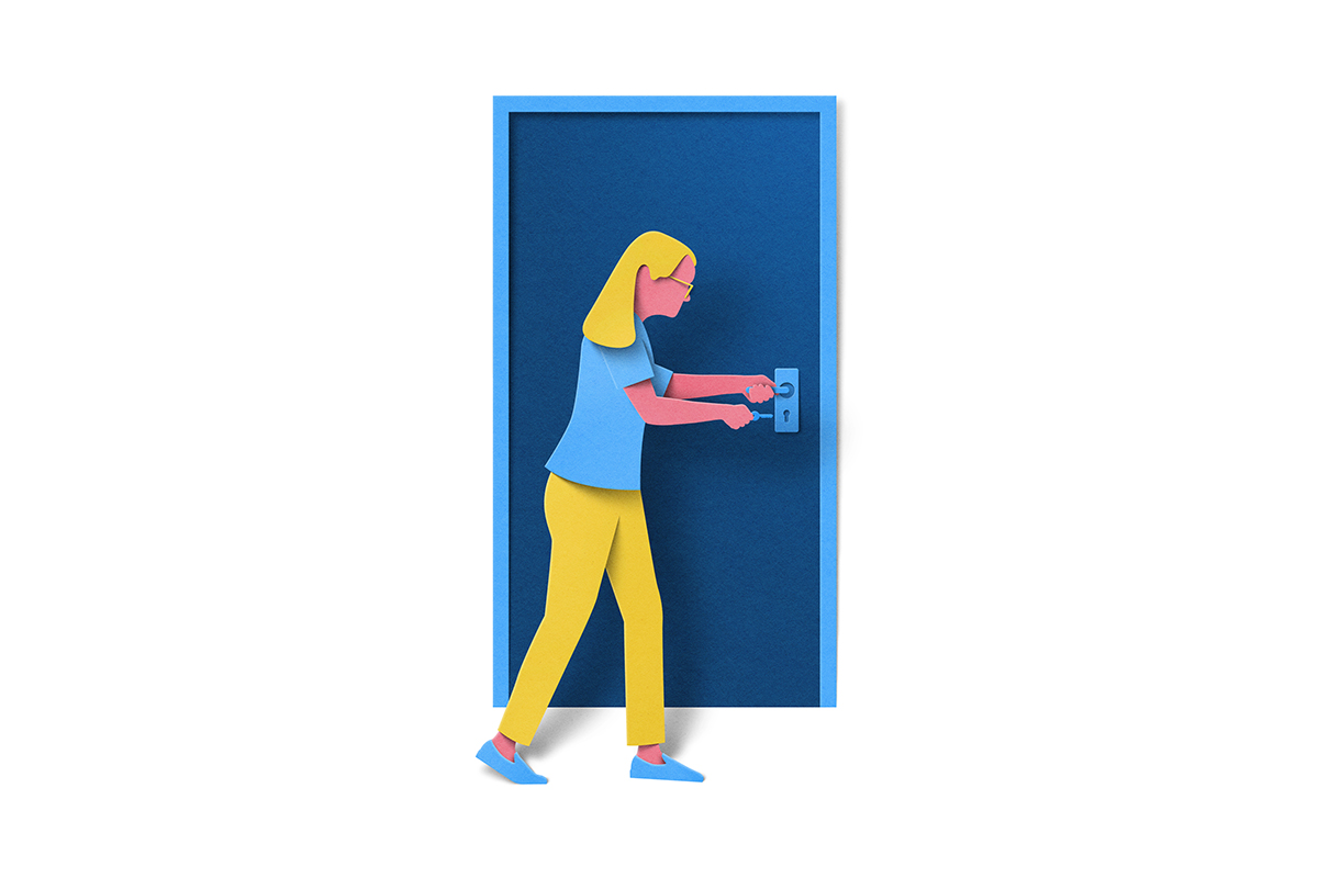 Illustration of woman unlocking door